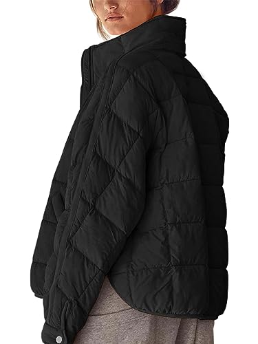 Muchpow Women's Lightweight Down Coat Long Sleeve Full Zipper Oversized Packable Short Puffer Jackets(Black,Medium)
