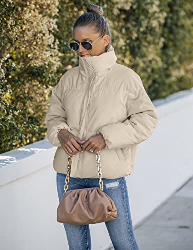 MEROKEETY Women's Long Sleeve Full Zip Puffer Coats Stand Collar Pockets Warm Padded Down Jackets, LightKhaki, S