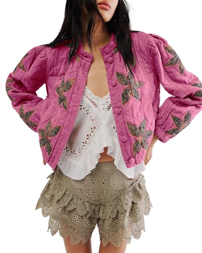 Locachy Women's Casual Cropped Puffer Jacket Lightweight Flower Embroidery Winter Warm Quilted Jacket Coat with Pockets Rose M