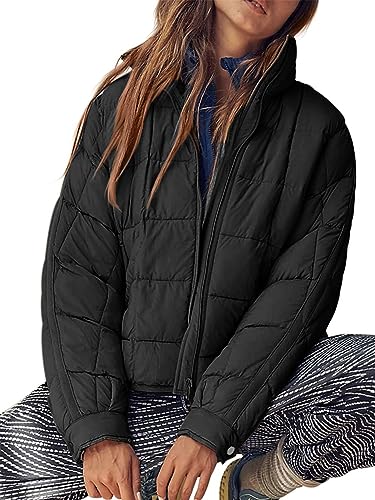 Muchpow Women's Lightweight Down Coat Long Sleeve Full Zipper Oversized Packable Short Puffer Jackets(Black,Medium)