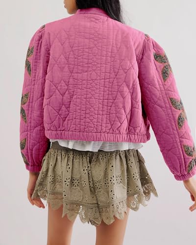 Locachy Women's Casual Cropped Puffer Jacket Lightweight Flower Embroidery Winter Warm Quilted Jacket Coat with Pockets Rose M