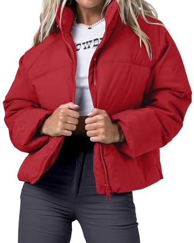 Cropped Jacket for Women Long Sleeve Zip Lightweight Winter Warm Jacket Coats Hallowmas Red Orange L