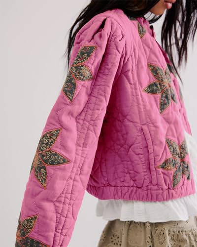 Locachy Women's Casual Cropped Puffer Jacket Lightweight Flower Embroidery Winter Warm Quilted Jacket Coat with Pockets Rose M