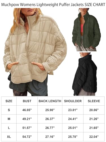 Muchpow Women's Lightweight Down Coat Long Sleeve Full Zipper Oversized Packable Short Puffer Jackets(Black,Medium)