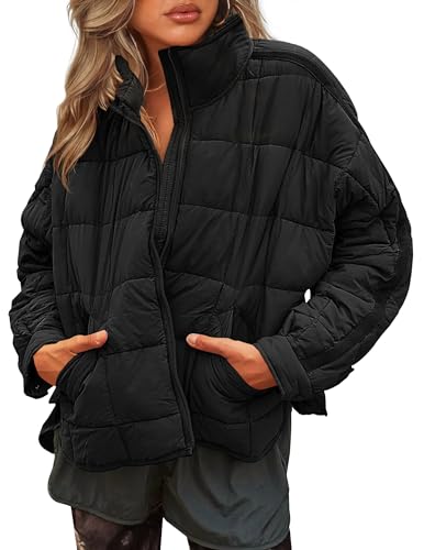 LEANI Women's Oversized Lightweight Puffer Jackets Long Sleeve Zipper Short Down Coat with Pockets