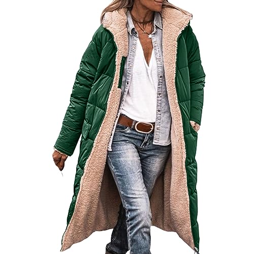 Thatrich Long Puffer Coat Women Casual Reversible Fleece Jacket Coats Loose Fit Windbreaked Winter Oversized Outfits Hooded Green