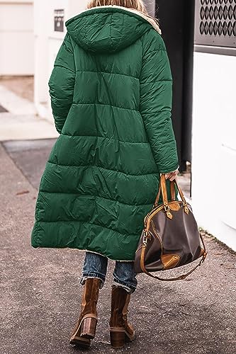Thatrich Long Puffer Coat Women Casual Reversible Fleece Jacket Coats Loose Fit Windbreaked Winter Oversized Outfits Hooded Green