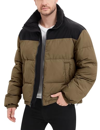 Flygo Men Puffer Jacket Winter Coats Water Resistant Long Sleeve Zip Up Lightweight Quilted Down Jackets(DarkKhaki-S)
