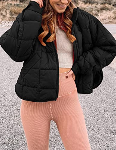 LEANI Women's Oversized Lightweight Puffer Jackets Long Sleeve Zipper Short Down Coat with Pockets