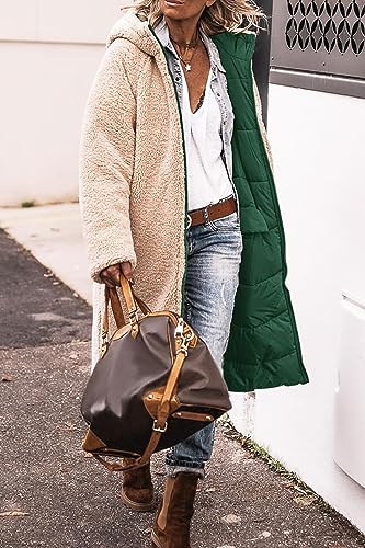 Thatrich Long Puffer Coat Women Casual Reversible Fleece Jacket Coats Loose Fit Windbreaked Winter Oversized Outfits Hooded Green