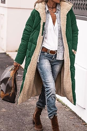 Thatrich Long Puffer Coat Women Casual Reversible Fleece Jacket Coats Loose Fit Windbreaked Winter Oversized Outfits Hooded Green