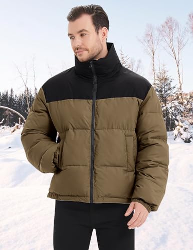 Flygo Men Puffer Jacket Winter Coats Water Resistant Long Sleeve Zip Up Lightweight Quilted Down Jackets(DarkKhaki-S)