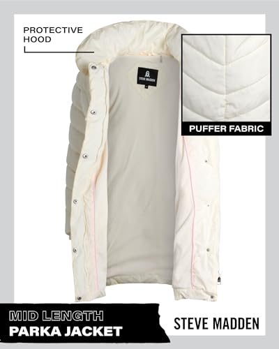 Steve Madden Women's Long Heavy Weight Puffer Jacket, Ivory, Large