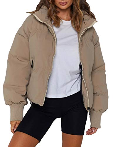 UANEO Puffer Jacket Womens Oversized Cropped Puffy Quilted Winter Jackets Coat (Khaki-S)