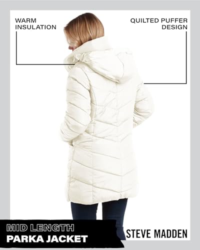 Steve Madden Women's Long Heavy Weight Puffer Jacket, Ivory, Large