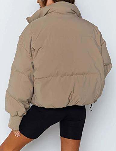 UANEO Puffer Jacket Womens Oversized Cropped Puffy Quilted Winter Jackets Coat (Khaki-S)