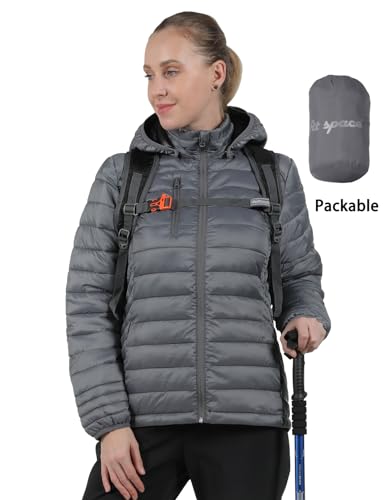fit space Women's Puffer Jacket Synthetic Down Winter Coat,Insulated Quilted Lightweight Removel Hooded Packable (Small, Grey)