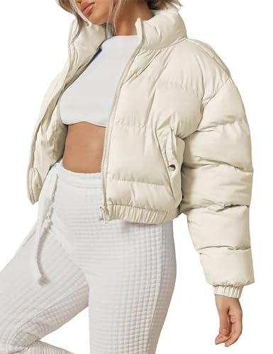 Yeokou Women's Cropped Puffer Jacket Black Stand Collar Zip Up Short Bubble Coat with Pockets(Apricot-M)