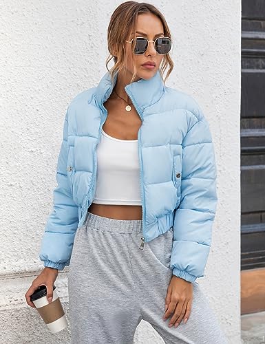 Gihuo Womens Cropped Quilted Puffer Jacket Lightweight Padded Coat Warm Puffy Coat Zip UP Bubble Coats with Pockets(Blue-M)
