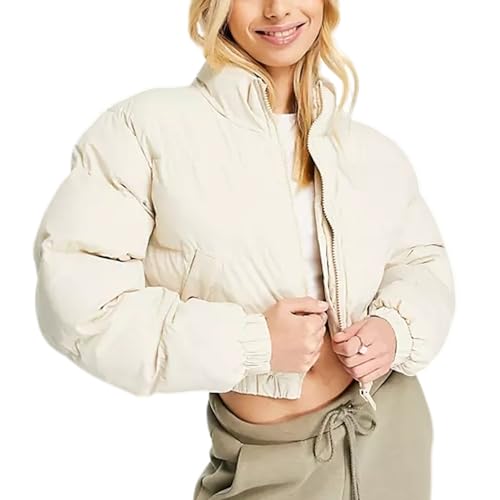 Yeokou Women's Cropped Puffer Jacket Black Stand Collar Zip Up Short Bubble Coat with Pockets(Apricot-M)