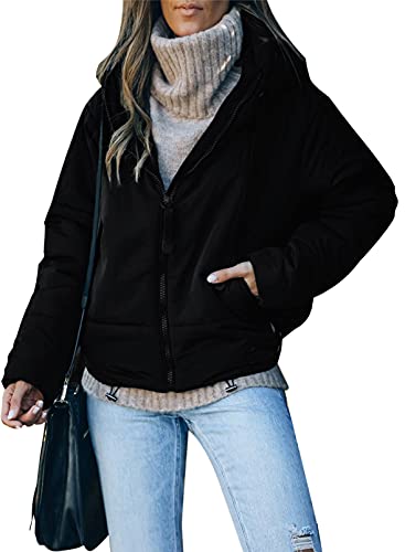 Dokotoo Womens Winter Coats Windbreaker Oversized Full Zipper Front Hooded Bomber Puffer Jacket Baggy Short Down Coats for Women Warm Comfy Soft Outerwear with Hood Pockets Black Large