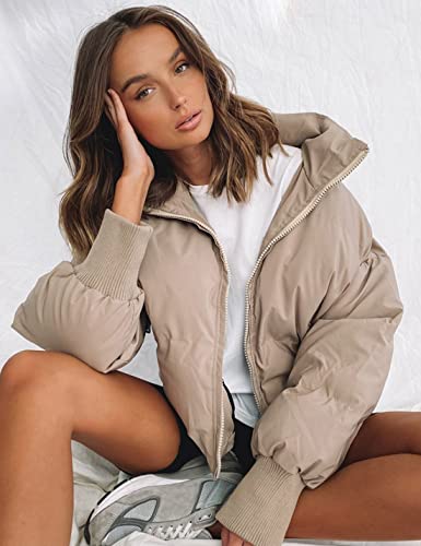 UANEO Puffer Jacket Womens Oversized Cropped Puffy Quilted Winter Jackets Coat (Khaki-S)