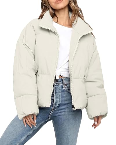 Polu Women's Winter Cropped Puffer Jacket Oversized Long Sleeve Full Zip Puffy Coat Warm Quilted Jacket with Pockets(White,S)