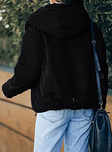Dokotoo Womens Winter Coats Windbreaker Oversized Full Zipper Front Hooded Bomber Puffer Jacket Baggy Short Down Coats for Women Warm Comfy Soft Outerwear with Hood Pockets Black Large