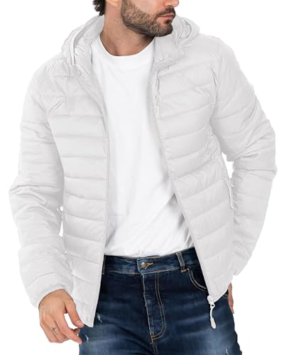 Men's Lightweight Puffer Jacket Hooded Down Alternative Coat Packable Windproof Outerwear Jacket White 2XL