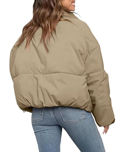 Womens Winter Cropped Puffer Jacket for Long Sleeve Oversize Puffy Coat Short Warm Quilted Jacket Khaki M