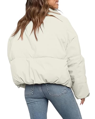 Polu Women's Winter Cropped Puffer Jacket Oversized Long Sleeve Full Zip Puffy Coat Warm Quilted Jacket with Pockets(White,S)