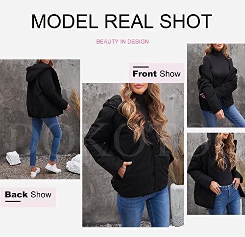 Dokotoo Womens Winter Coats Windbreaker Oversized Full Zipper Front Hooded Bomber Puffer Jacket Baggy Short Down Coats for Women Warm Comfy Soft Outerwear with Hood Pockets Black Large