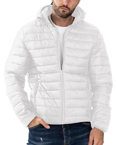 Men's Lightweight Puffer Jacket Hooded Down Alternative Coat Packable Windproof Outerwear Jacket White 2XL
