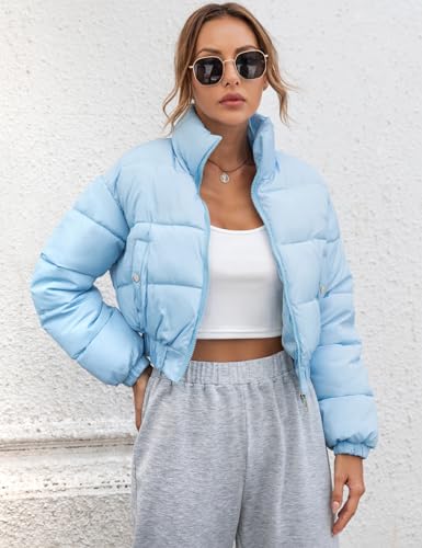 Gihuo Womens Cropped Quilted Puffer Jacket Lightweight Padded Coat Warm Puffy Coat Zip UP Bubble Coats with Pockets(Blue-M)