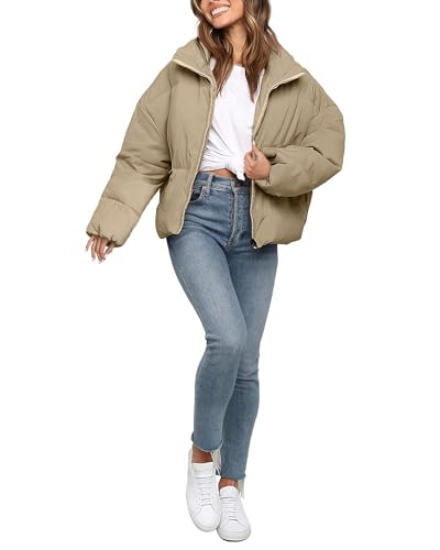Womens Winter Cropped Puffer Jacket for Long Sleeve Oversize Puffy Coat Short Warm Quilted Jacket Khaki M