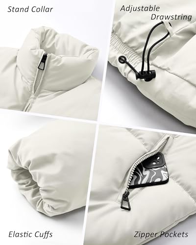 Polu Women's Winter Cropped Puffer Jacket Oversized Long Sleeve Full Zip Puffy Coat Warm Quilted Jacket with Pockets(White,S)