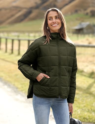 Watashi Women's Packable Puffer Jacket Long Sleeve Full Zip Lightweight Quilted Coat(ArmyGreen-M)