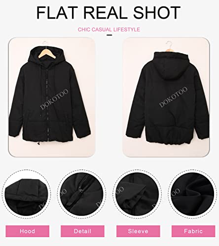 Dokotoo Womens Winter Coats Windbreaker Oversized Full Zipper Front Hooded Bomber Puffer Jacket Baggy Short Down Coats for Women Warm Comfy Soft Outerwear with Hood Pockets Black Large