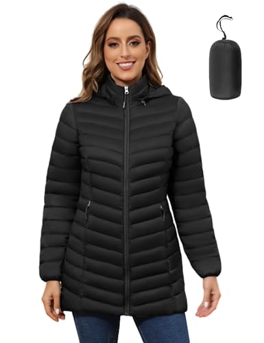 ROYAL MATRIX Women's Packable Puffer Jacket - Lightweight Winter Warm Long Quilted Puffer Coat with Detachable Hood (Jet Black, L)