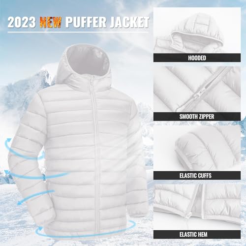 Men's Lightweight Puffer Jacket Hooded Down Alternative Coat Packable Windproof Outerwear Jacket White 2XL