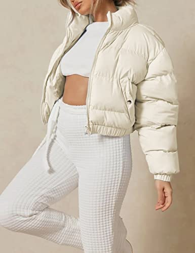 Yeokou Women's Cropped Puffer Jacket Black Stand Collar Zip Up Short Bubble Coat with Pockets(Apricot-M)