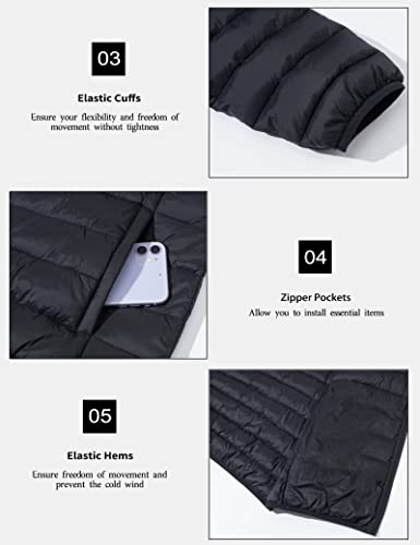 MAGCOMSEN Men's Lightweight Coats Packable Puffer Winter Jacket Zip Hoodie Insulated Puffy Coat for Hiking Travel Fall Thermal Jacket Men Black, XL