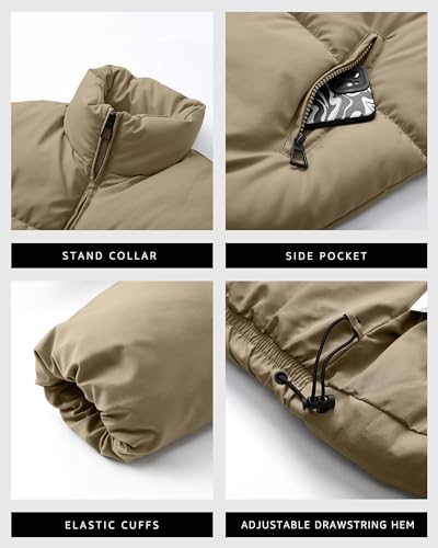 Womens Winter Cropped Puffer Jacket for Long Sleeve Oversize Puffy Coat Short Warm Quilted Jacket Khaki M