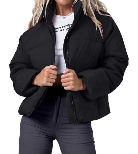 URMOSS Women's 2024 Winter Cropped Puffer Jacket Long Sleeve Stand Collar Oversize Lightweight Zip Up Short Down Coat with Pockets(Black,M)