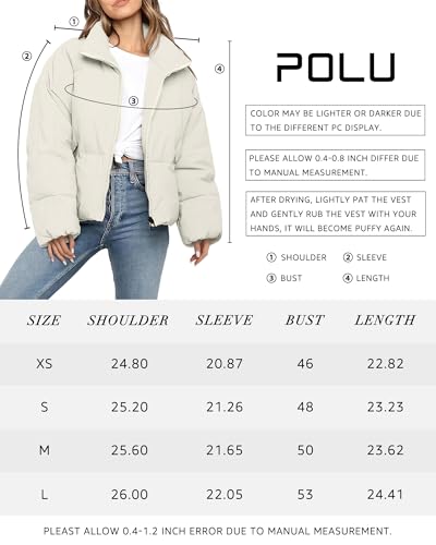 Polu Women's Winter Cropped Puffer Jacket Oversized Long Sleeve Full Zip Puffy Coat Warm Quilted Jacket with Pockets(White,S)