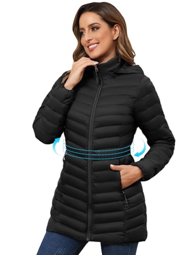 ROYAL MATRIX Women's Packable Puffer Jacket - Lightweight Winter Warm Long Quilted Puffer Coat with Detachable Hood (Jet Black, L)