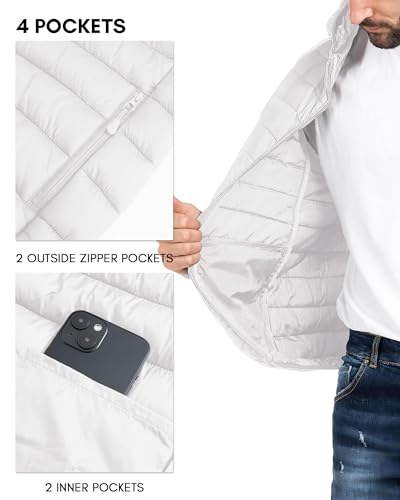 Men's Lightweight Puffer Jacket Hooded Down Alternative Coat Packable Windproof Outerwear Jacket White 2XL