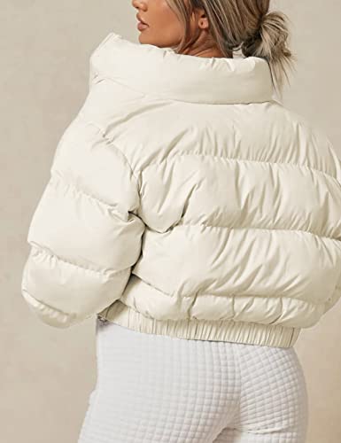 Yeokou Women's Cropped Puffer Jacket Black Stand Collar Zip Up Short Bubble Coat with Pockets(Apricot-M)