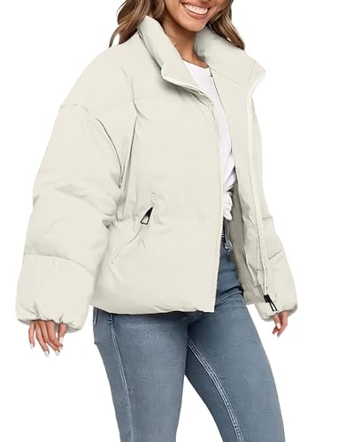 Polu Women's Winter Cropped Puffer Jacket Oversized Long Sleeve Full Zip Puffy Coat Warm Quilted Jacket with Pockets(White,S)