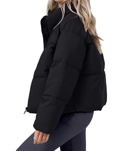URMOSS Women's 2024 Winter Cropped Puffer Jacket Long Sleeve Stand Collar Oversize Lightweight Zip Up Short Down Coat with Pockets(Black,M)